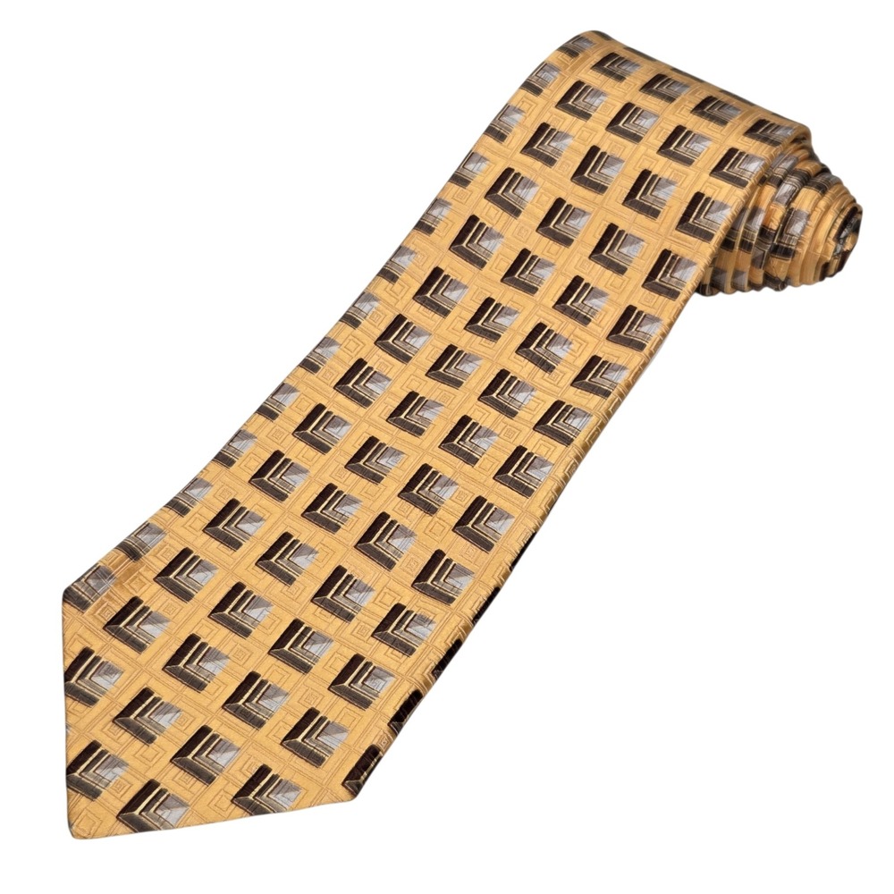 Ermenegildo Zegna Silk Tie Mens Gold Brown Geometric Disegno Esclusivo